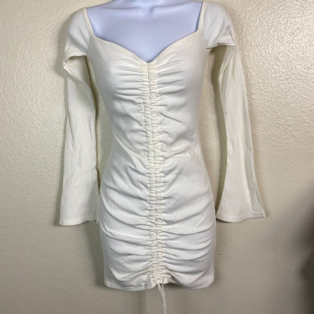 Tiger Mist Cream Ruched Ribbed Knit Bodycon Mini Dress‎ Long Sleeve XS Milkmaid